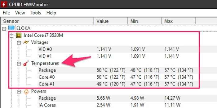 Ứng dụng HWMonitor cung cấp danh sách các thành phần PC của bạn, với nhiệt độ bên dưới.